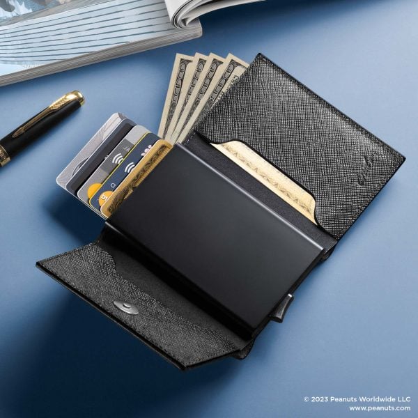 Peanuts UV Printed RFID Slim Wallet - Saffiano Jet Black