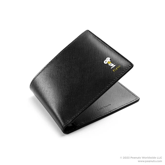 Peanuts UV Printed Leather Short Wallet - Saffiano Black
