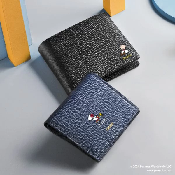 Peanuts UV Printed Leather Short Wallet - Saffiano Black