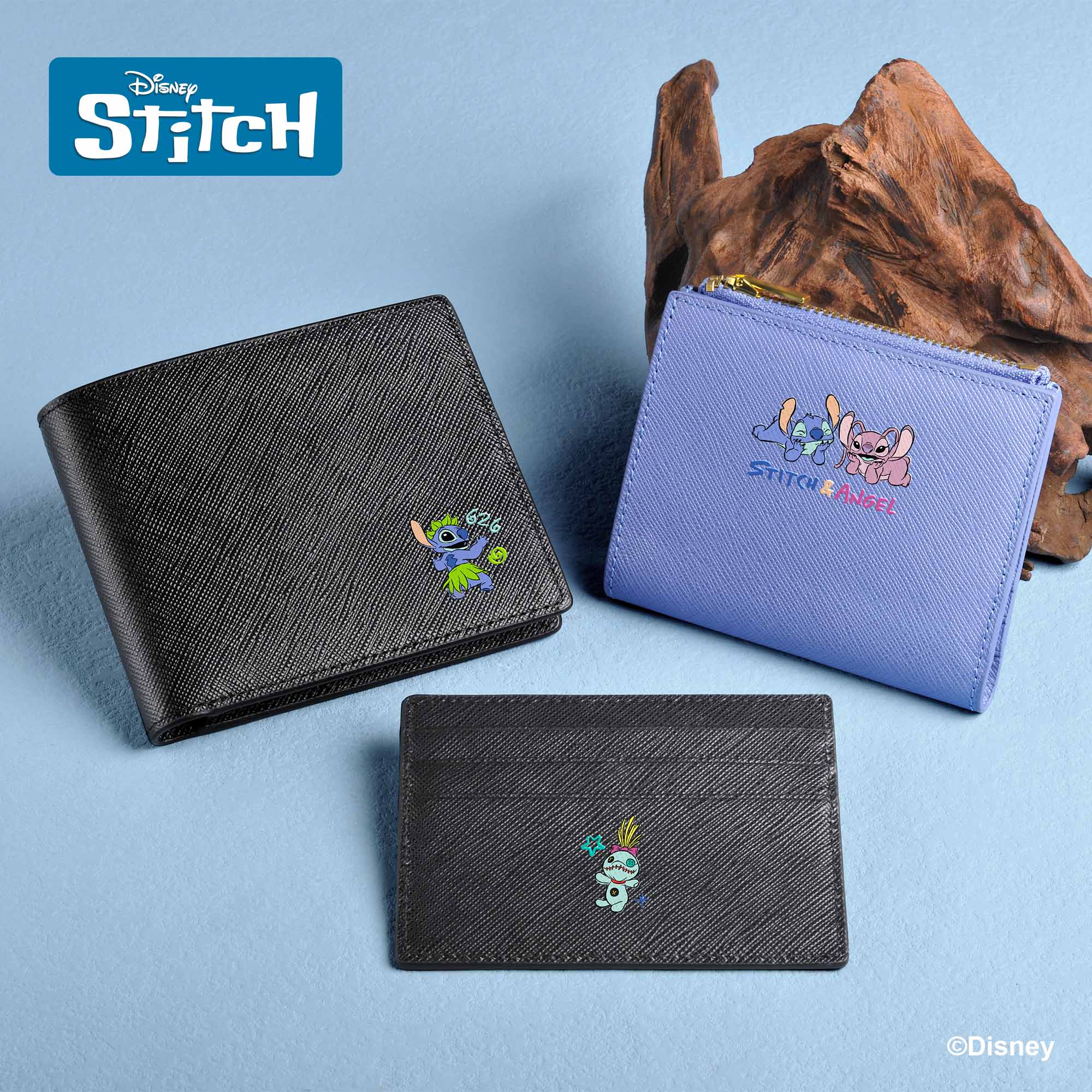 Disney Stitch UV Printed Leather Short Wallet - Saffiano Blue